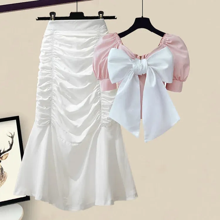 Chic Bowknot Puff Sleeve T-Shirt High Waist Ruffle Skirt