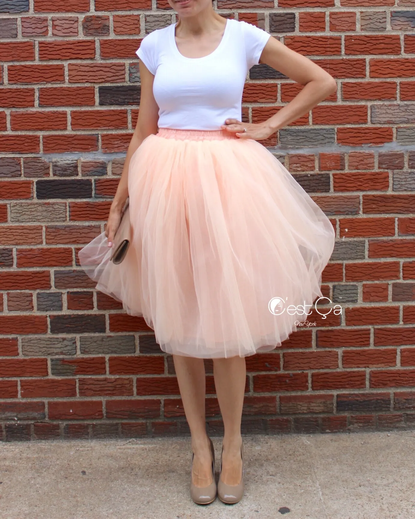 Claire Blush Peach Soft Tulle Skirt - Below Knee Midi