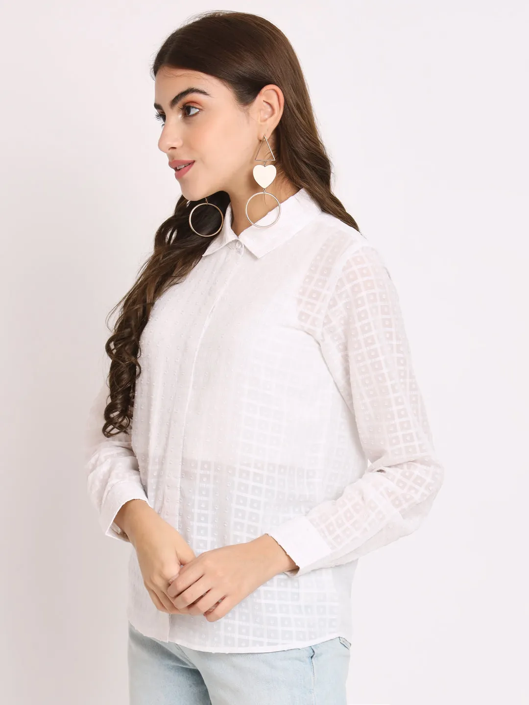 Classic Textured Self Design Spread Collar Casual Shirt