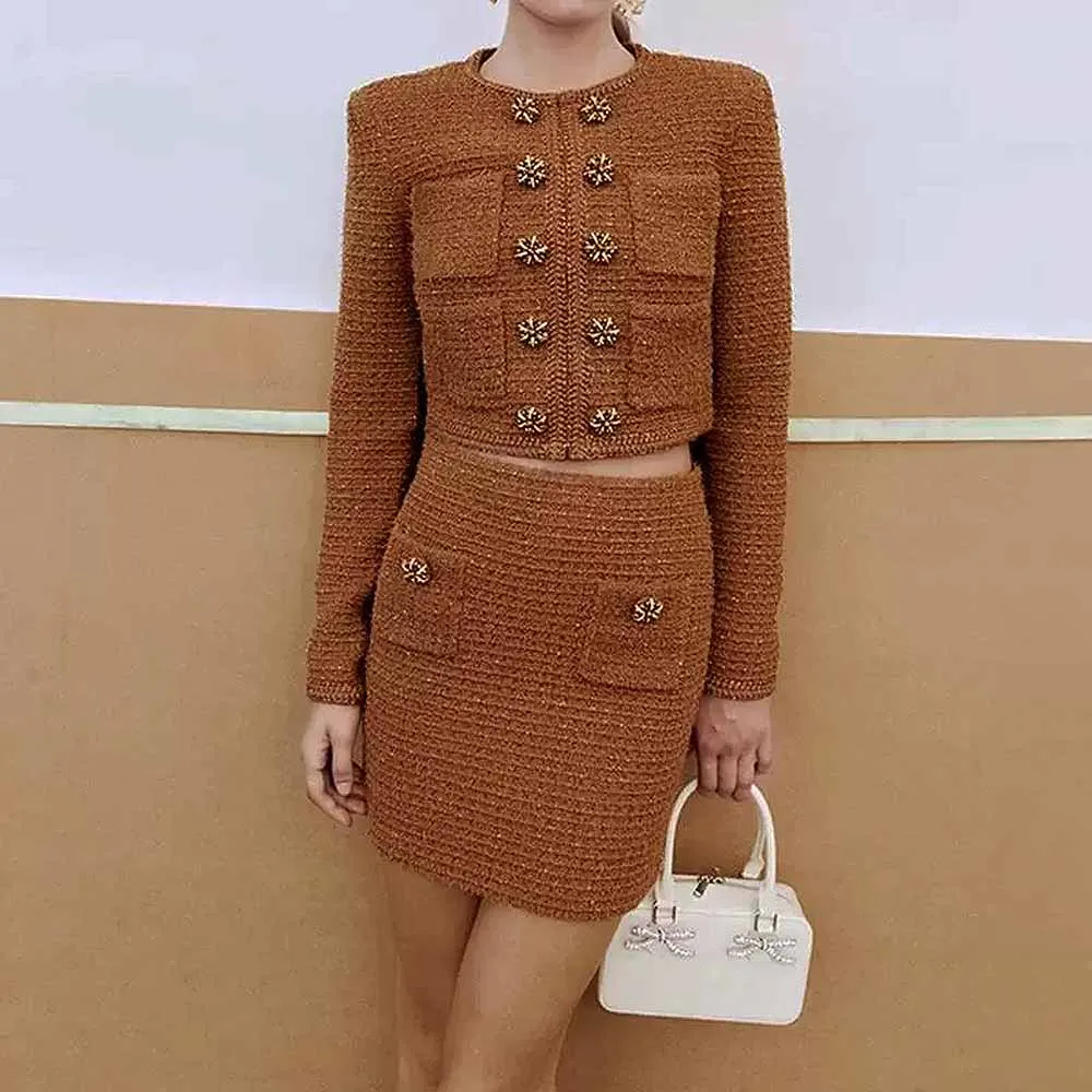 Collarless Textured Knitted Suit Cropped Mini Skirt Suit