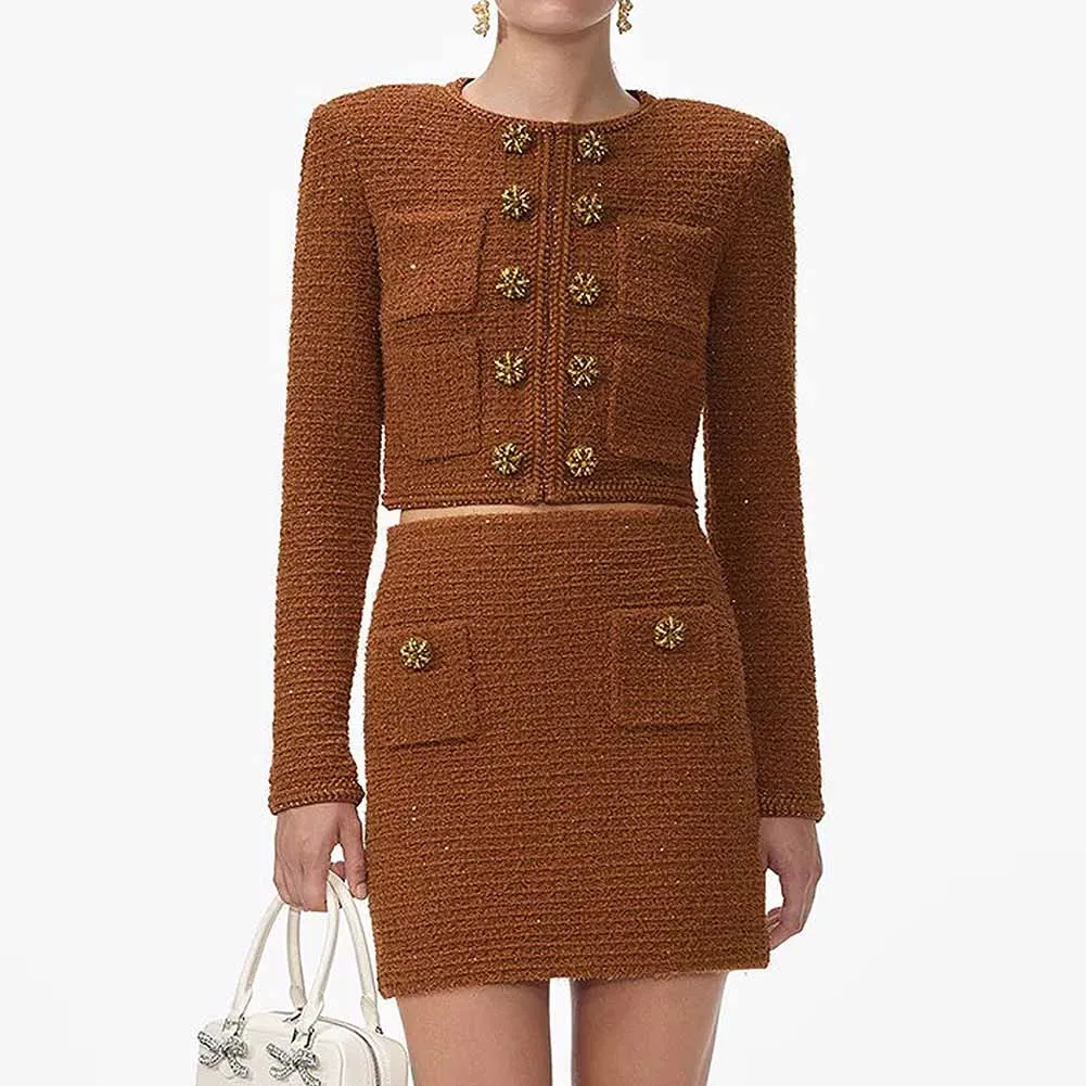 Collarless Textured Knitted Suit Cropped Mini Skirt Suit