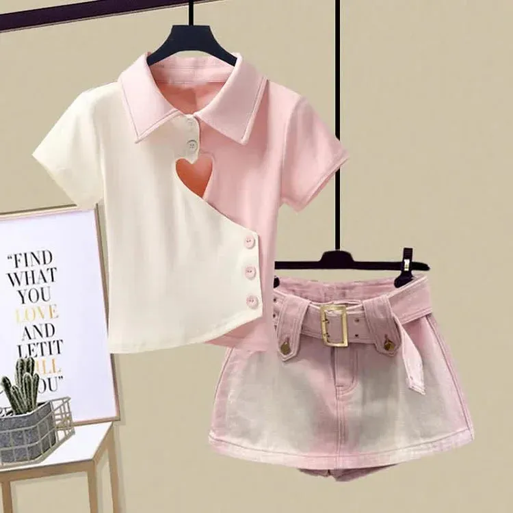 Colorblock Love Heart Hollow Out Collar T-Shirt Mini Denim Skirt