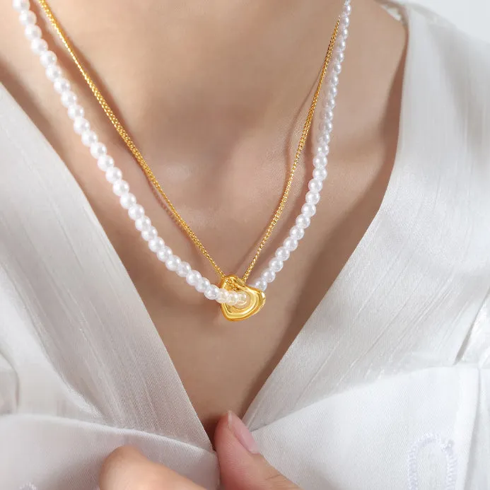 Creative Stacked Double Layered Heart Pendant Pearl Necklace