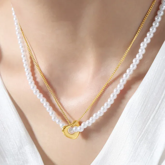 Creative Stacked Double Layered Heart Pendant Pearl Necklace