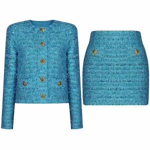 Cropped Tweed Knit Jacket Mini Skirt Suit