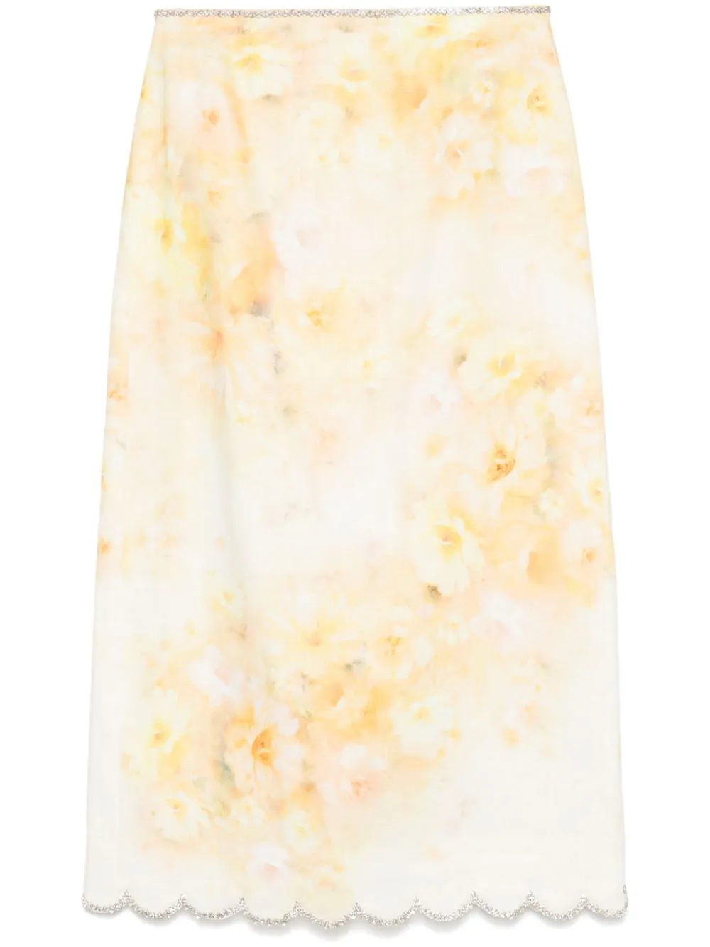 Crush Scalloped Midi Skirt in Yellow Floral