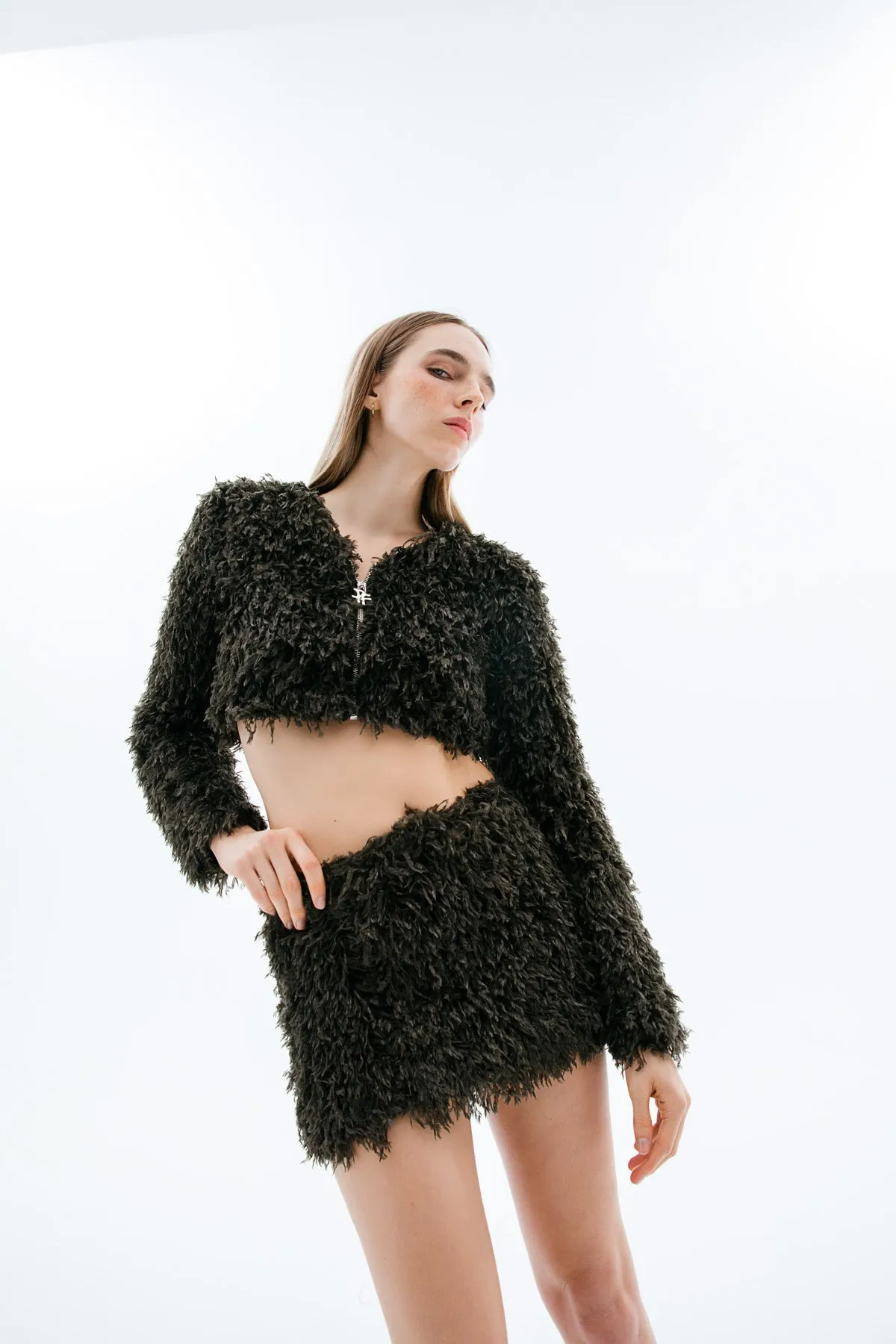 Dark Green Faux Fur Mini Skirt