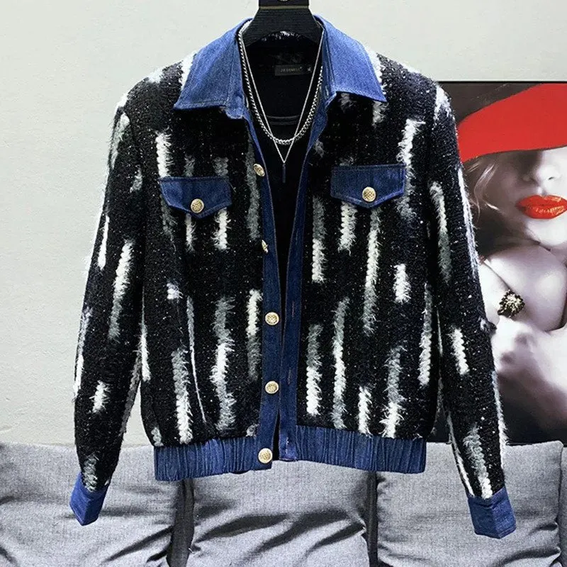 Denim Splice Stripe Woolen Jacket