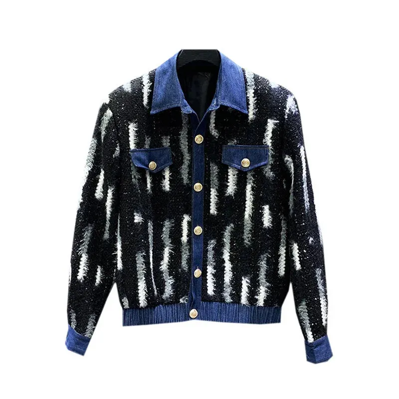 Denim Splice Stripe Woolen Jacket