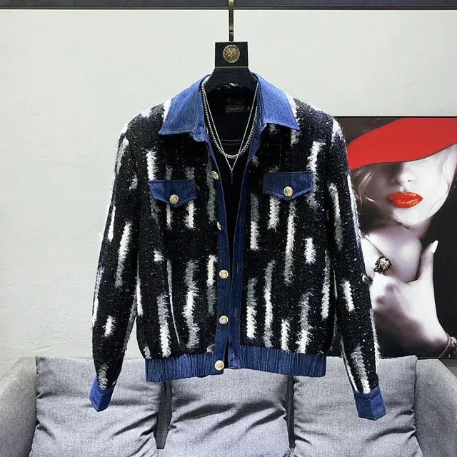 Denim Splice Stripe Woolen Jacket