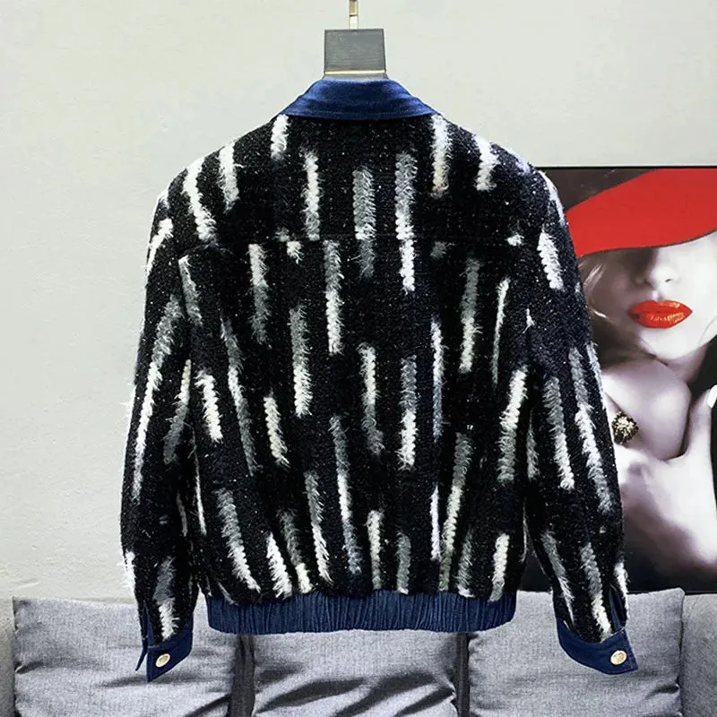 Denim Splice Stripe Woolen Jacket