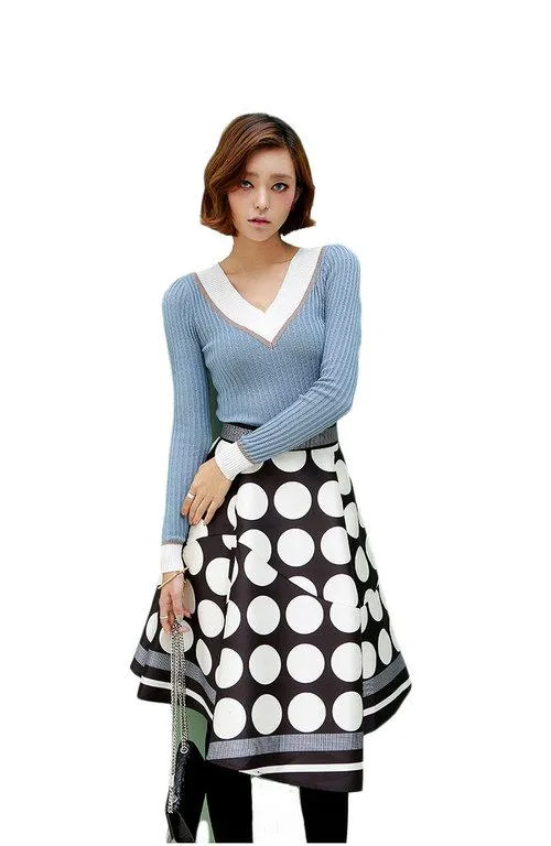 Designer limited edition unique 1950s vintage inspired retro large polka structured irregular hem slit satin skirt