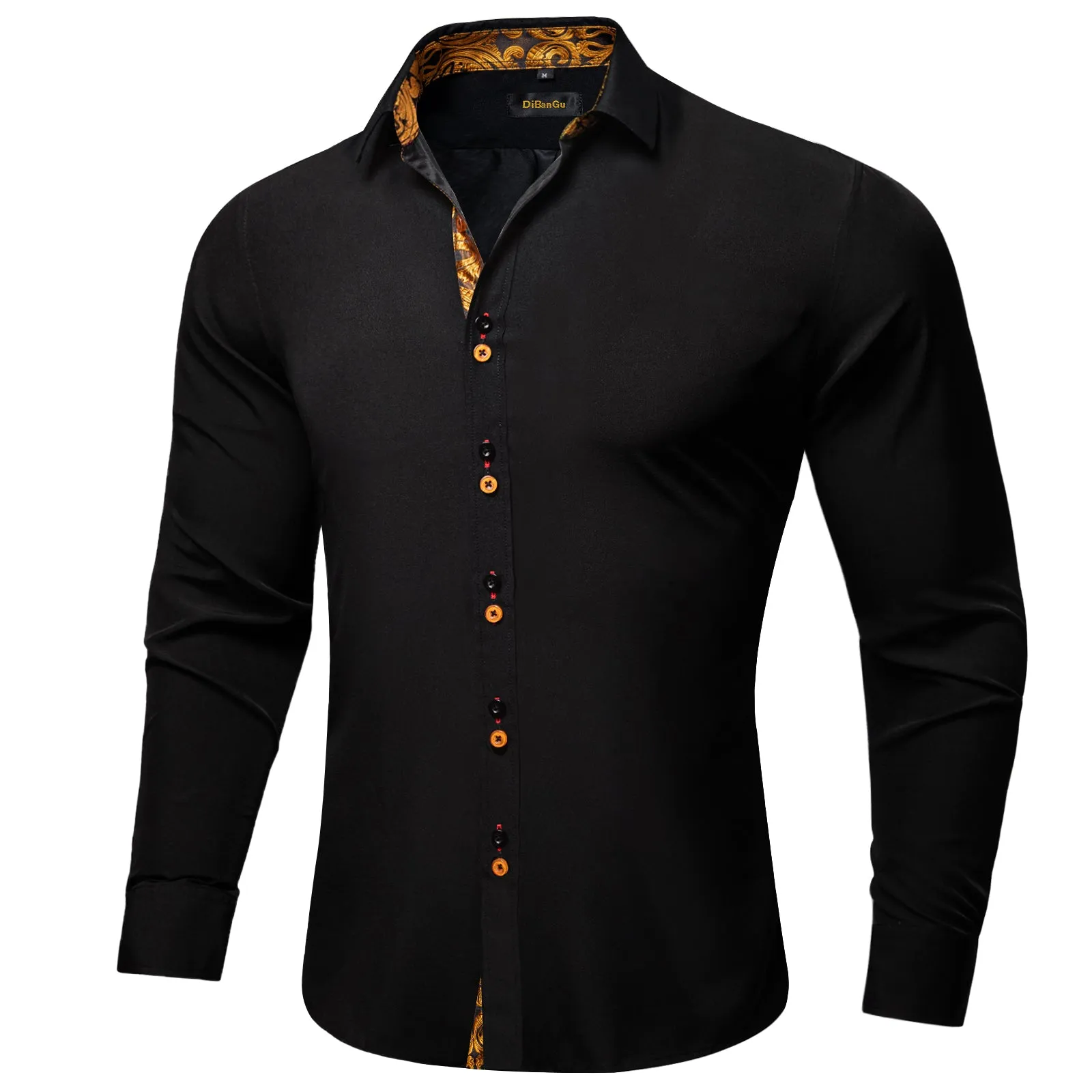 DiBanGu Dress Shirt Black Solid Long Sleeve Splicing Casual Mens Shirt