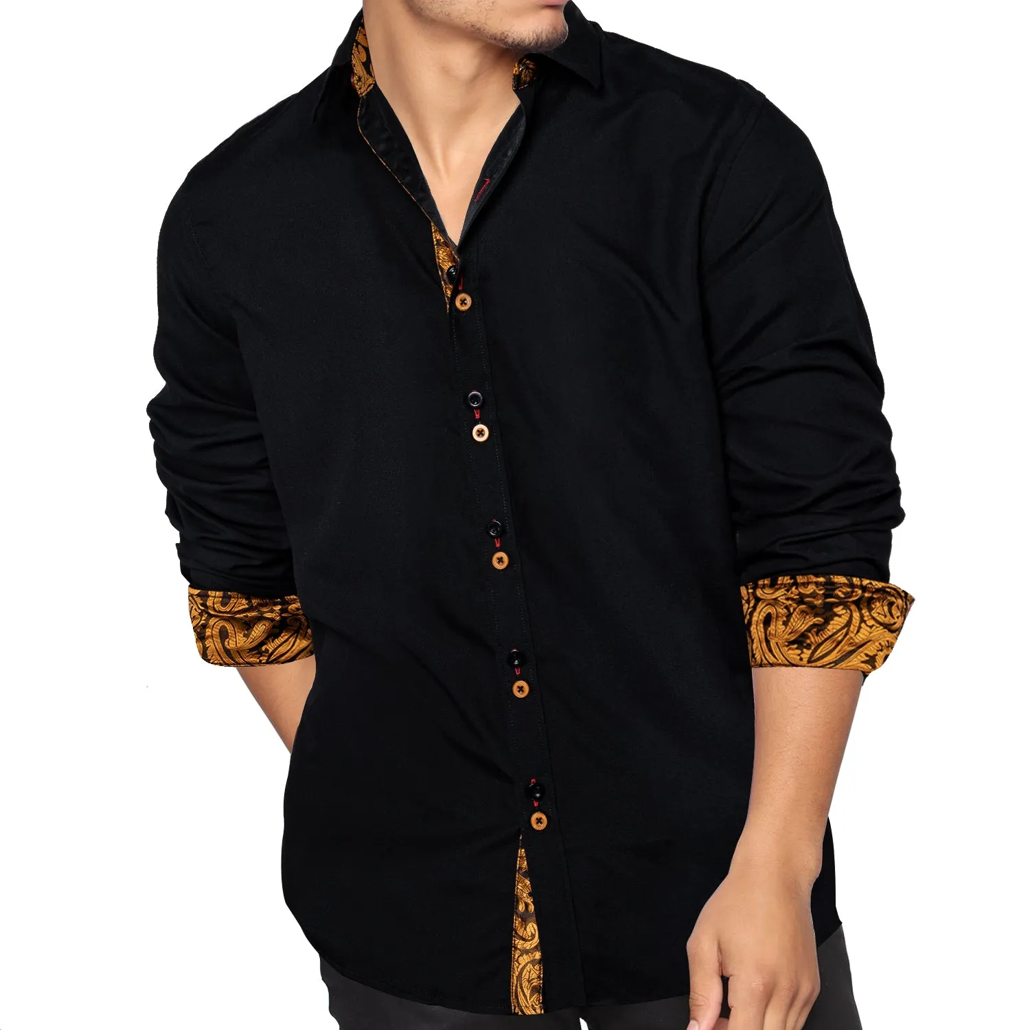 DiBanGu Dress Shirt Black Solid Long Sleeve Splicing Casual Mens Shirt