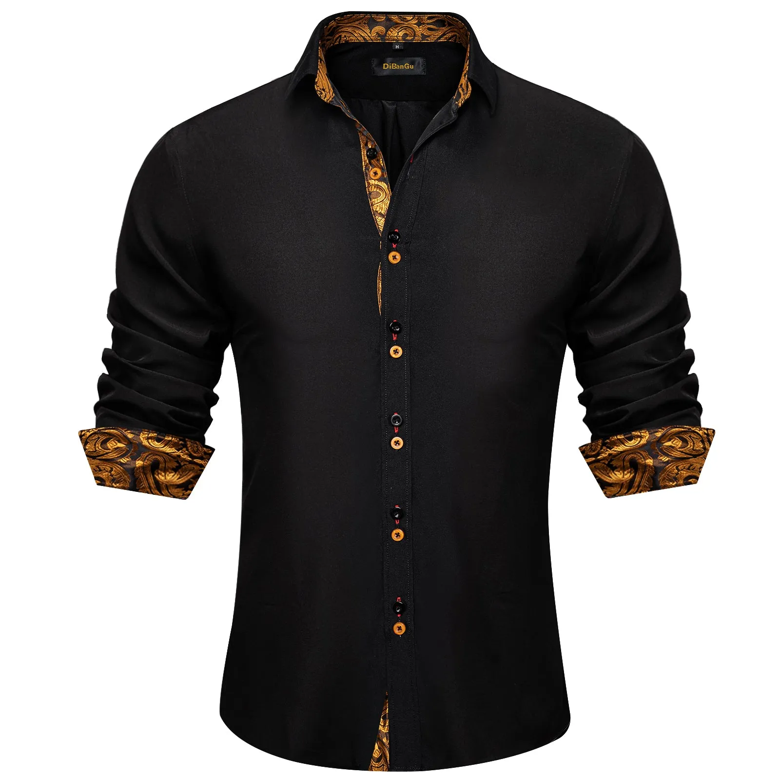 DiBanGu Dress Shirt Black Solid Long Sleeve Splicing Casual Mens Shirt