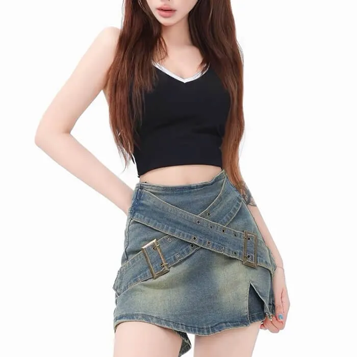 Double Buckle Denim Mini Skirt