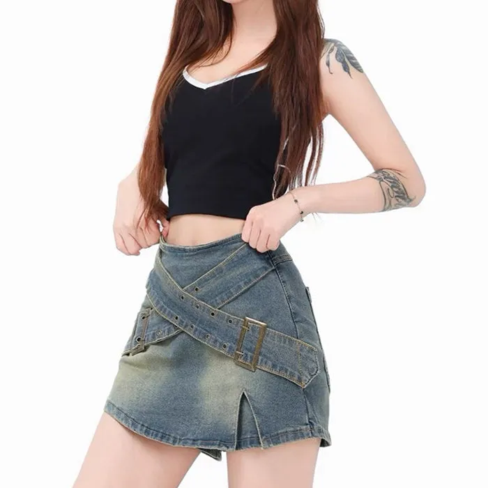 Double Buckle Denim Mini Skirt