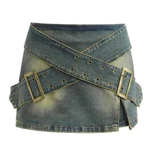 Double Buckle Denim Mini Skirt