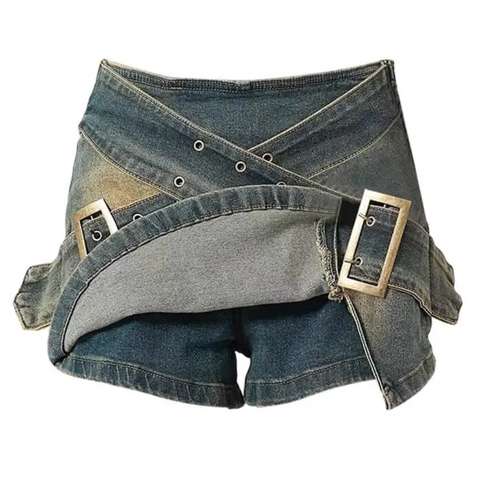 Double Buckle Denim Mini Skirt