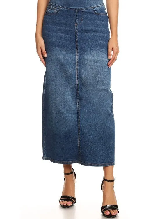 Elastic Waist Indigo Long Denim Skirt