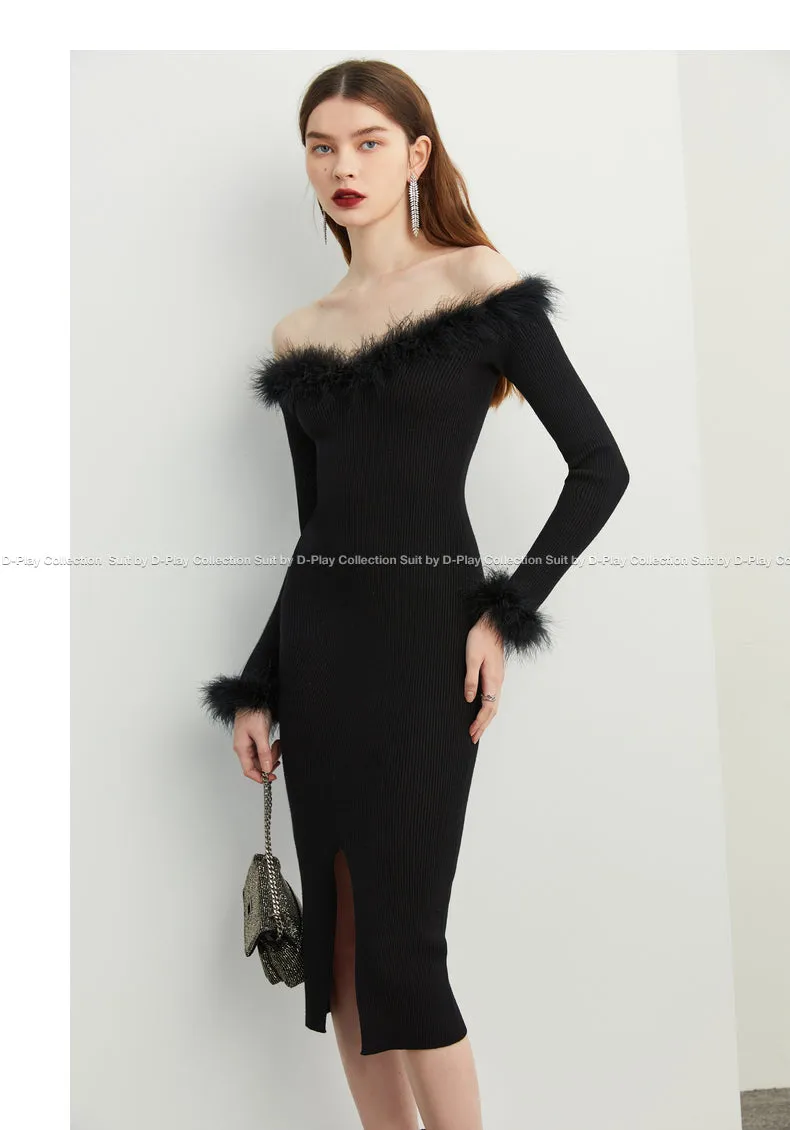 Fall autumn sexy off-shoulder classic black feather top dress - Iwa