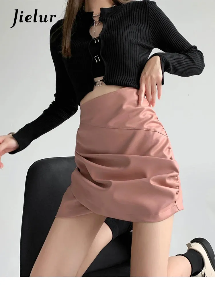 Faux Leather PU Skirt Female Skinny High Waist Women's Skirts New Shirring A-line Sexy Lady White Black Pink Saias S-XL