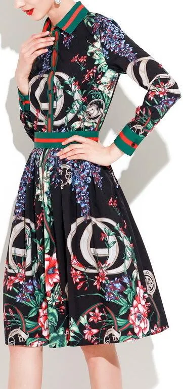 Floral & Logo Printed Shirt & Skirt Set - Black, White or Blue