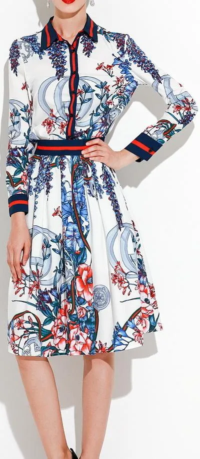 Floral & Logo Printed Shirt & Skirt Set - Black, White or Blue