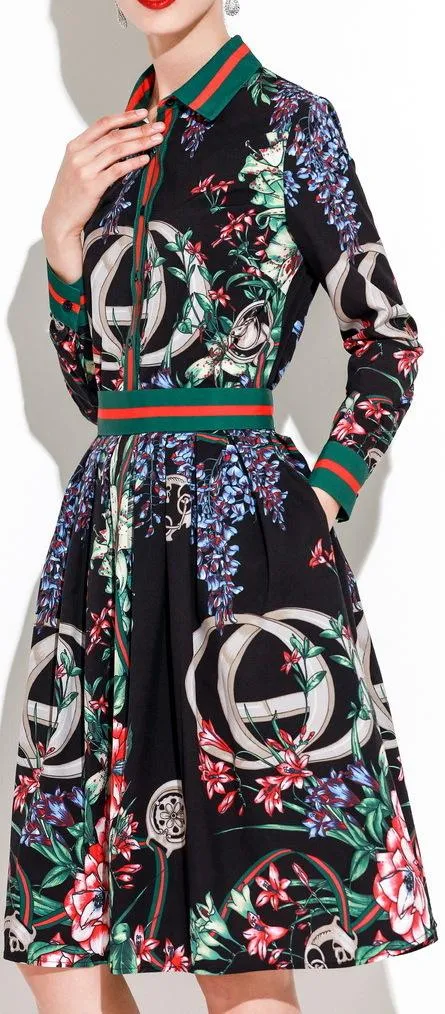 Floral & Logo Printed Shirt & Skirt Set - Black, White or Blue