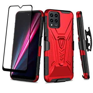 For T-Mobile REVVL 6 Pro 5G Case with Tempered Glass Screen Protector Heavy Duty Protective Phone Case,Built-in Kickstand Rugged Shockproof Protective Phone Case - Red