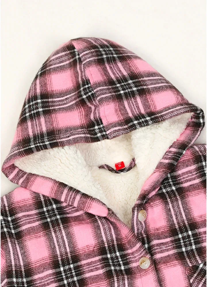 Girls Hooded Plaid Flannel Shirt Jacket,Sherpa Lined