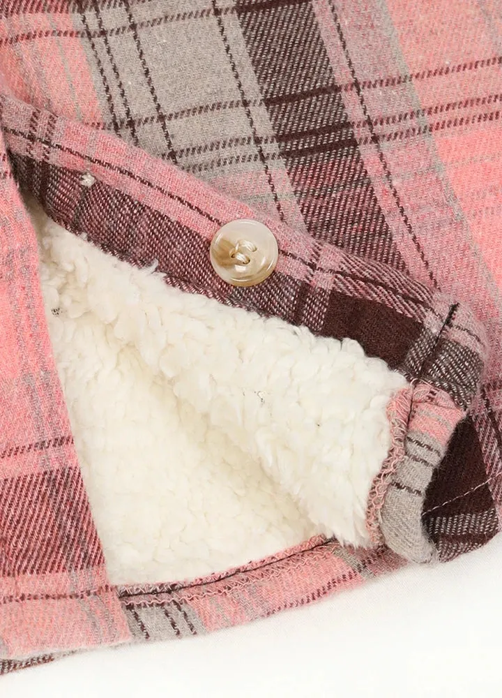 Girls Hooded Plaid Flannel Shirt Jacket,Sherpa Lined