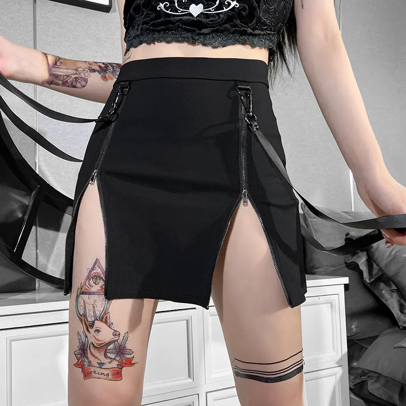 Gothic Dark Double-Zip Bodycon Slit Skirt for Women