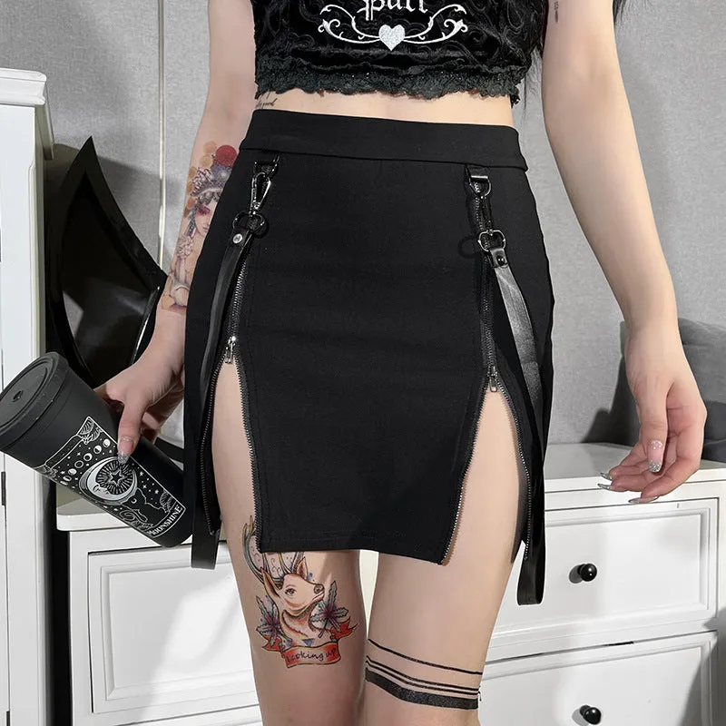 Gothic Dark Double-Zip Bodycon Slit Skirt for Women