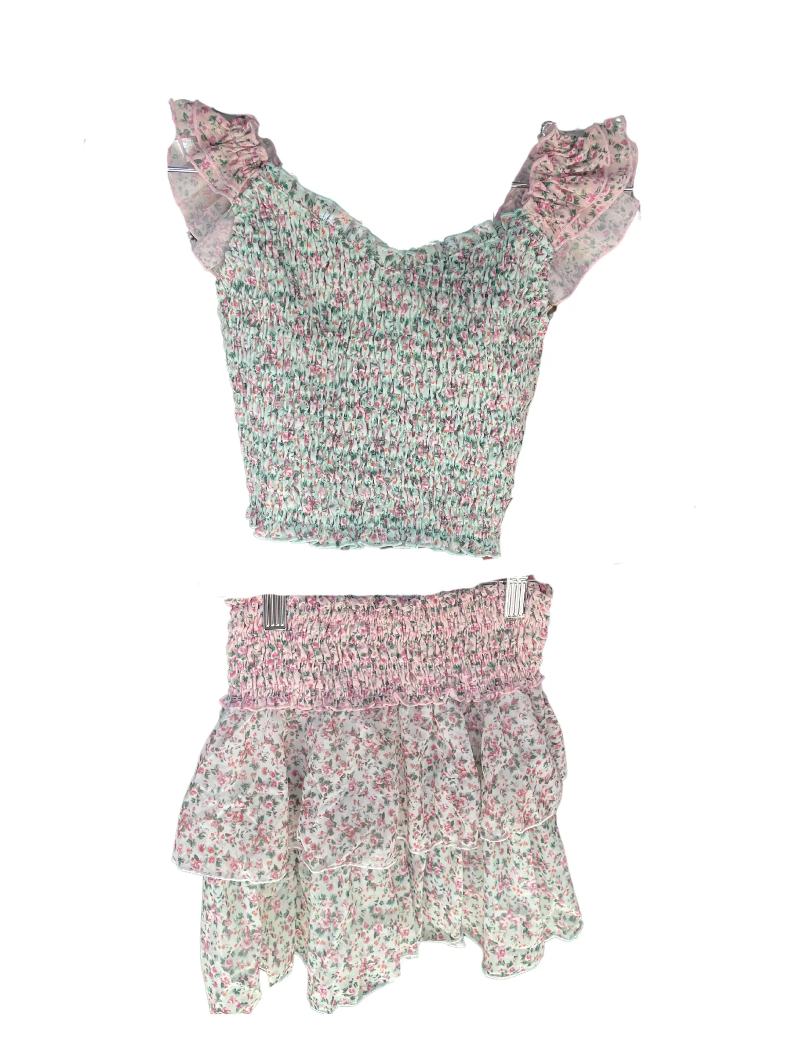 Green and Pink Floral Smocked Skirt