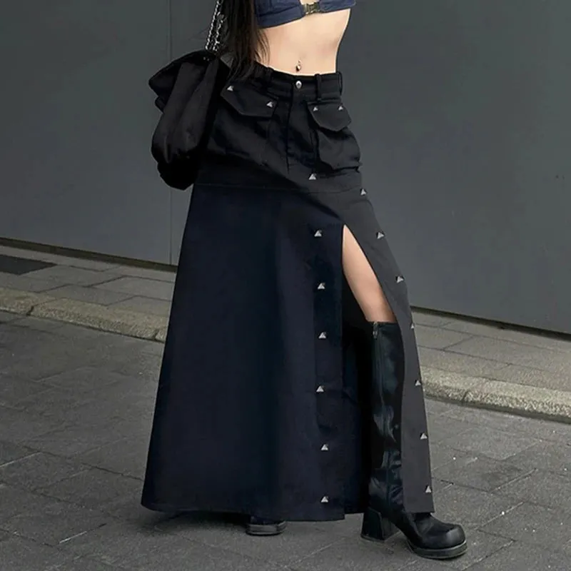 Grunge Punk Style Rivet Black Long Skirt Pockets Side Slit Harajuku Gothic Cargo Skirt Female A-Line Solid Clothing