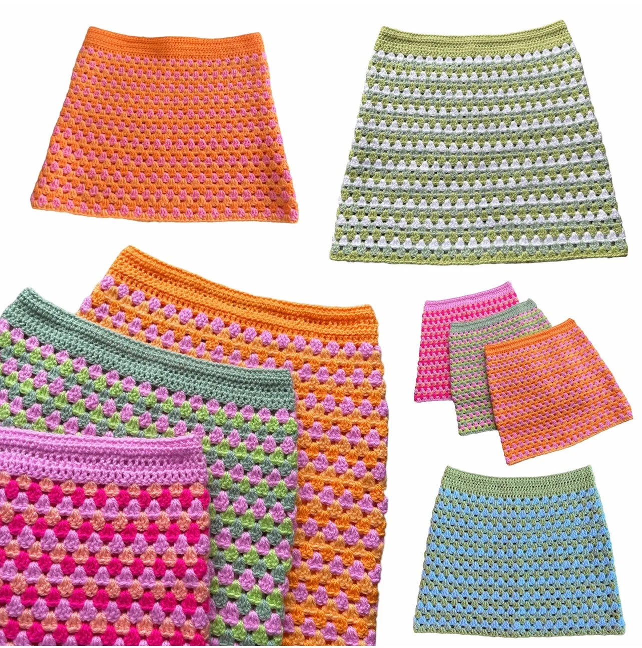 Handmade retro crochet mini skirt in baby blue and green