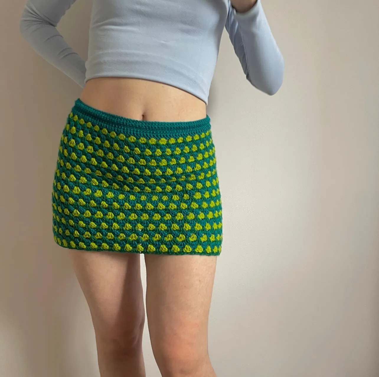 Handmade retro crochet mini skirt in teal and green