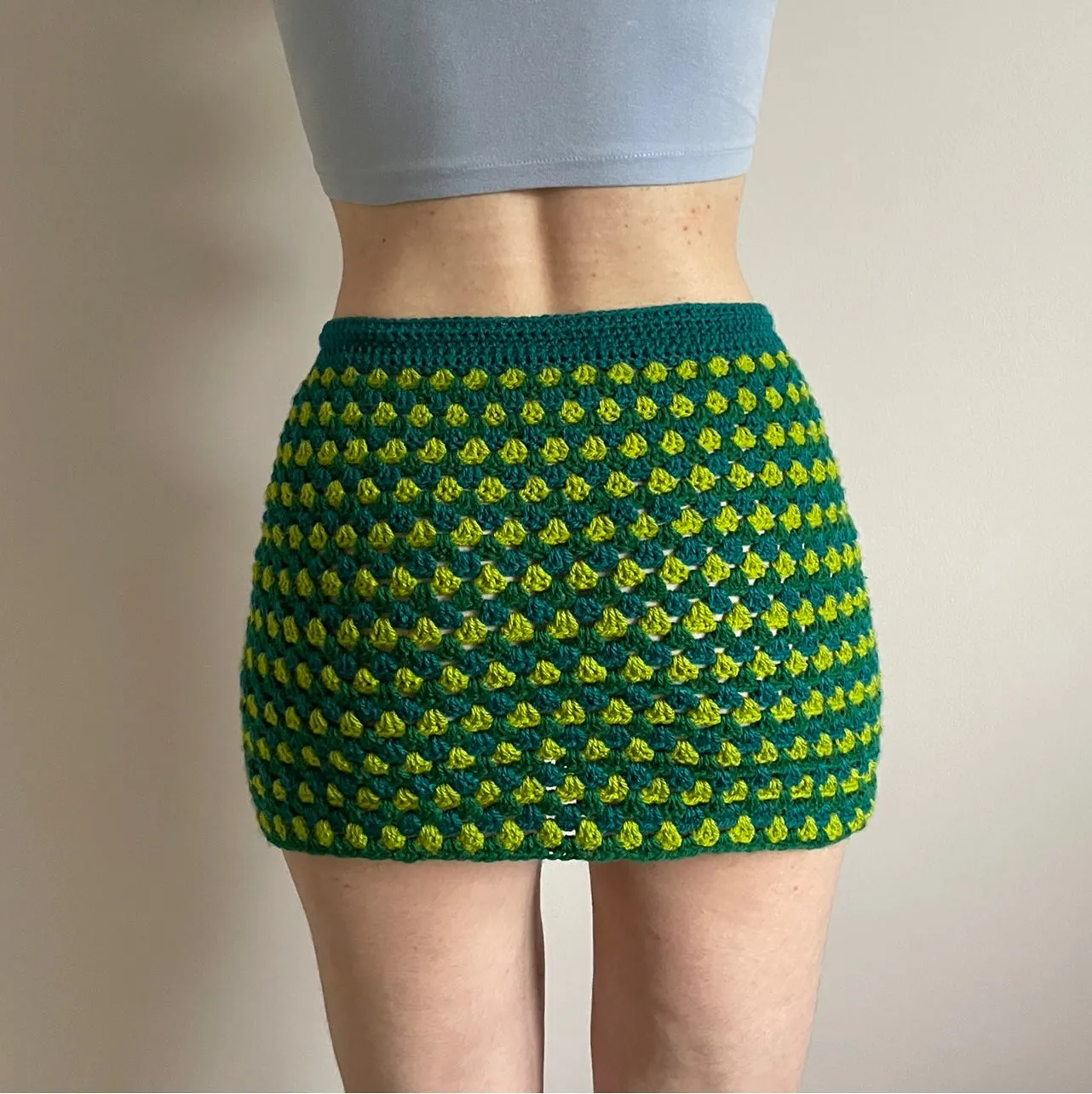 Handmade retro crochet mini skirt in teal and green