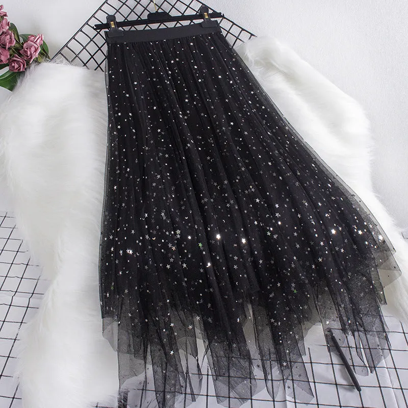 High Waist Star Sequin Irregular Mesh Skirt Mid Length Skirt 740