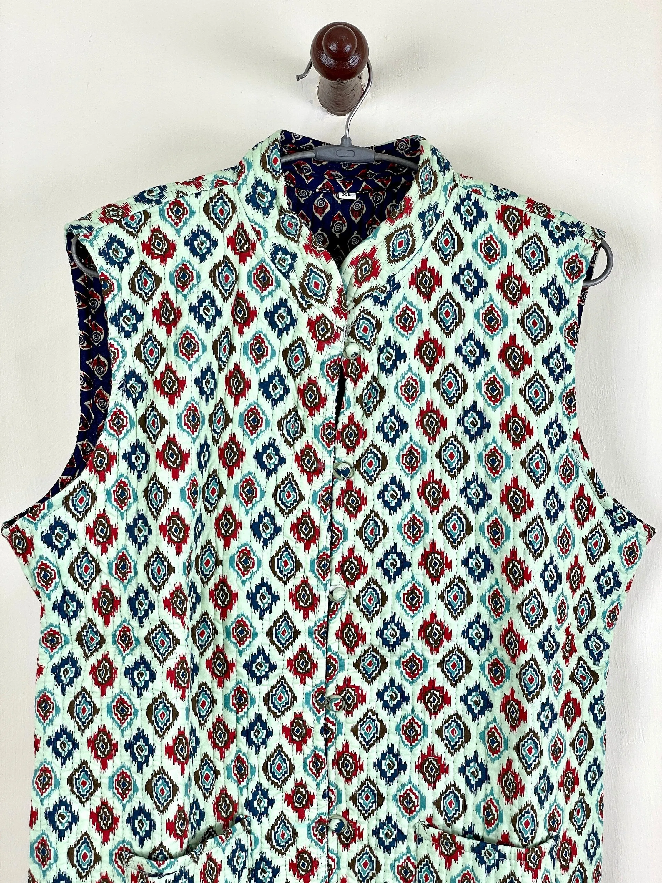 Indian Handmade Quilted Cotton Fabric Jacket Stylish Green & Blue Women's Sleeveless Vest, Reversible Waistcoat for Her