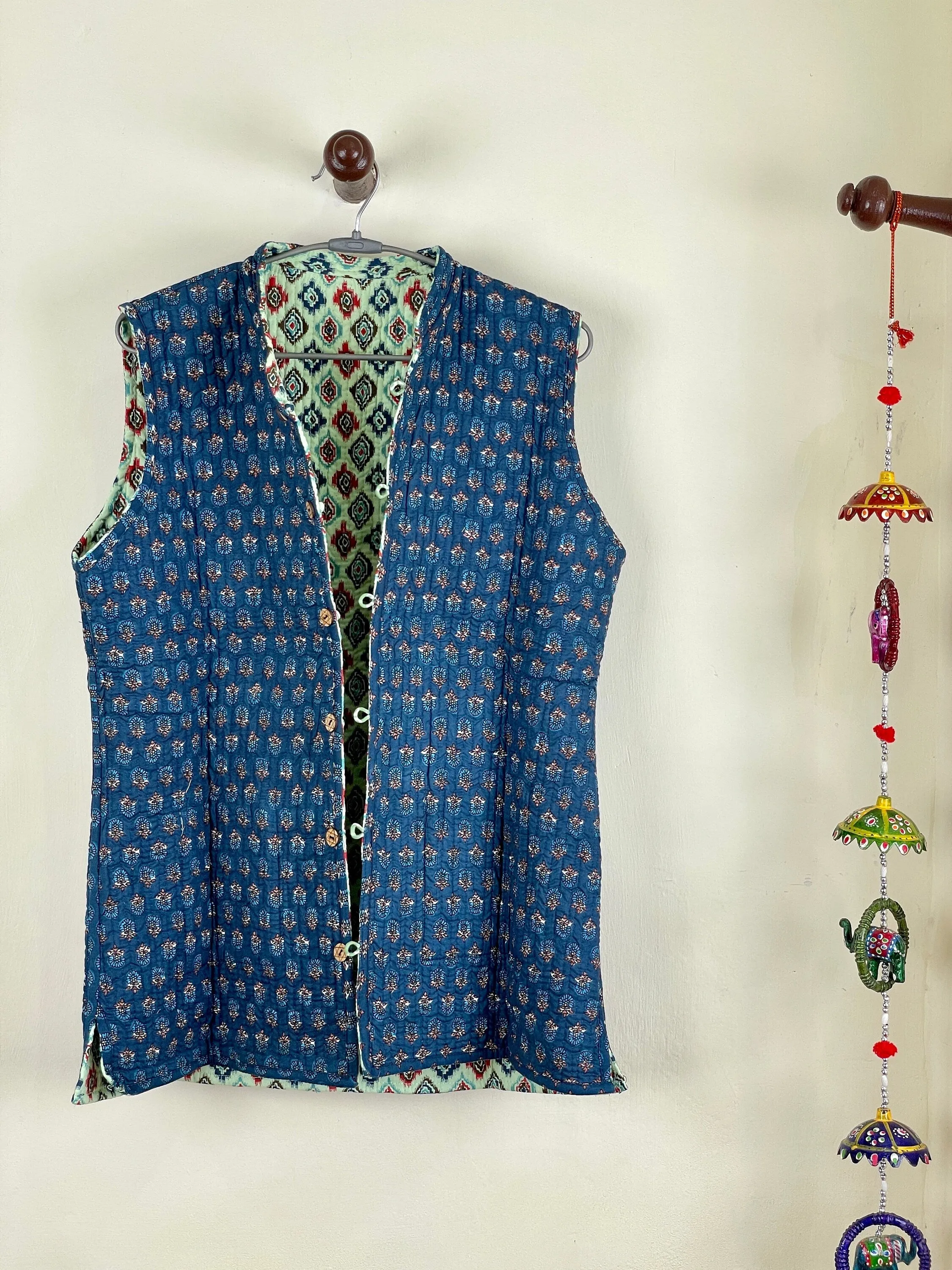 Indian Handmade Quilted Cotton Fabric Jacket Stylish Green & Blue Women's Sleeveless Vest, Reversible Waistcoat for Her