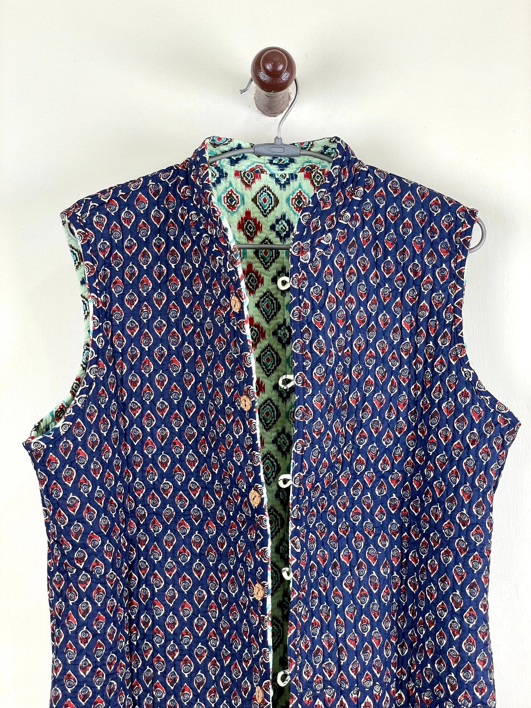 Indian Handmade Quilted Cotton Fabric Jacket Stylish Green & Blue Women's Sleeveless Vest, Reversible Waistcoat for Her