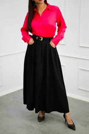 Infinite Black Long Pleated Skirt with Belt