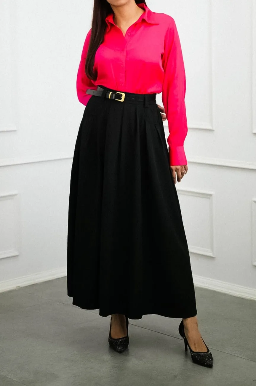 Infinite Black Long Pleated Skirt with Belt