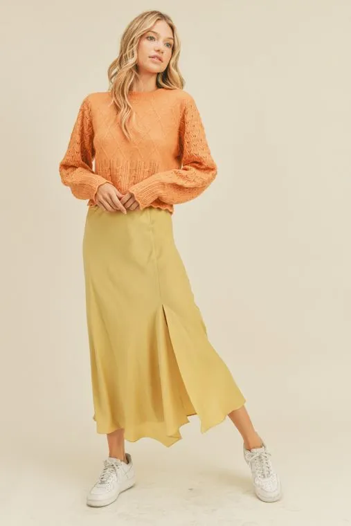 Isla Satin Side Slit Bias Cut Midi Skirt - Key Lime