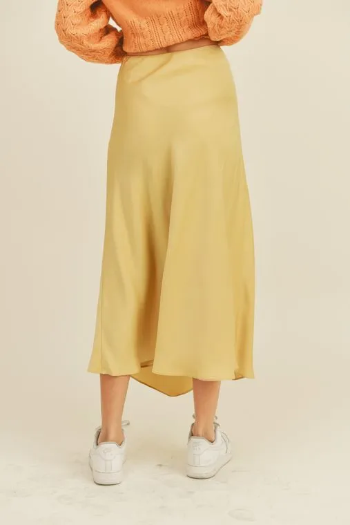 Isla Satin Side Slit Bias Cut Midi Skirt - Key Lime