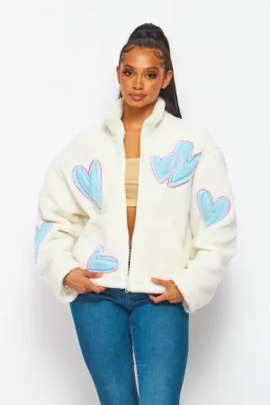 Ivory Love Hearts Cozy Sherpa Zip Up Sweater Jacket