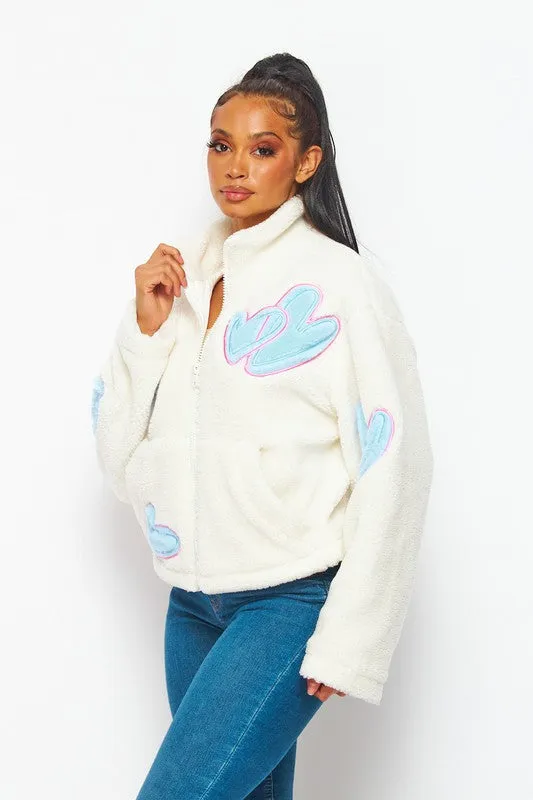 Ivory Love Hearts Cozy Sherpa Zip Up Sweater Jacket