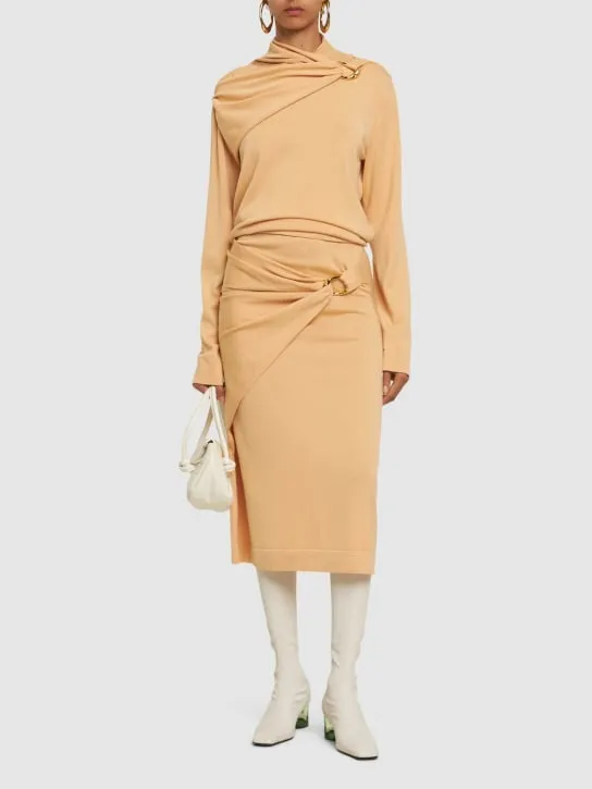 Jil Sander   Wool knit draped midi skirt w/ ring 